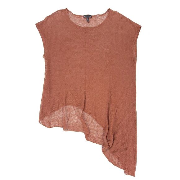 EILEEN FISHER Sheer Linen Asymmetrical Tunic Lagenlook Sweater Top Medium Brown - Picture 1 of 6